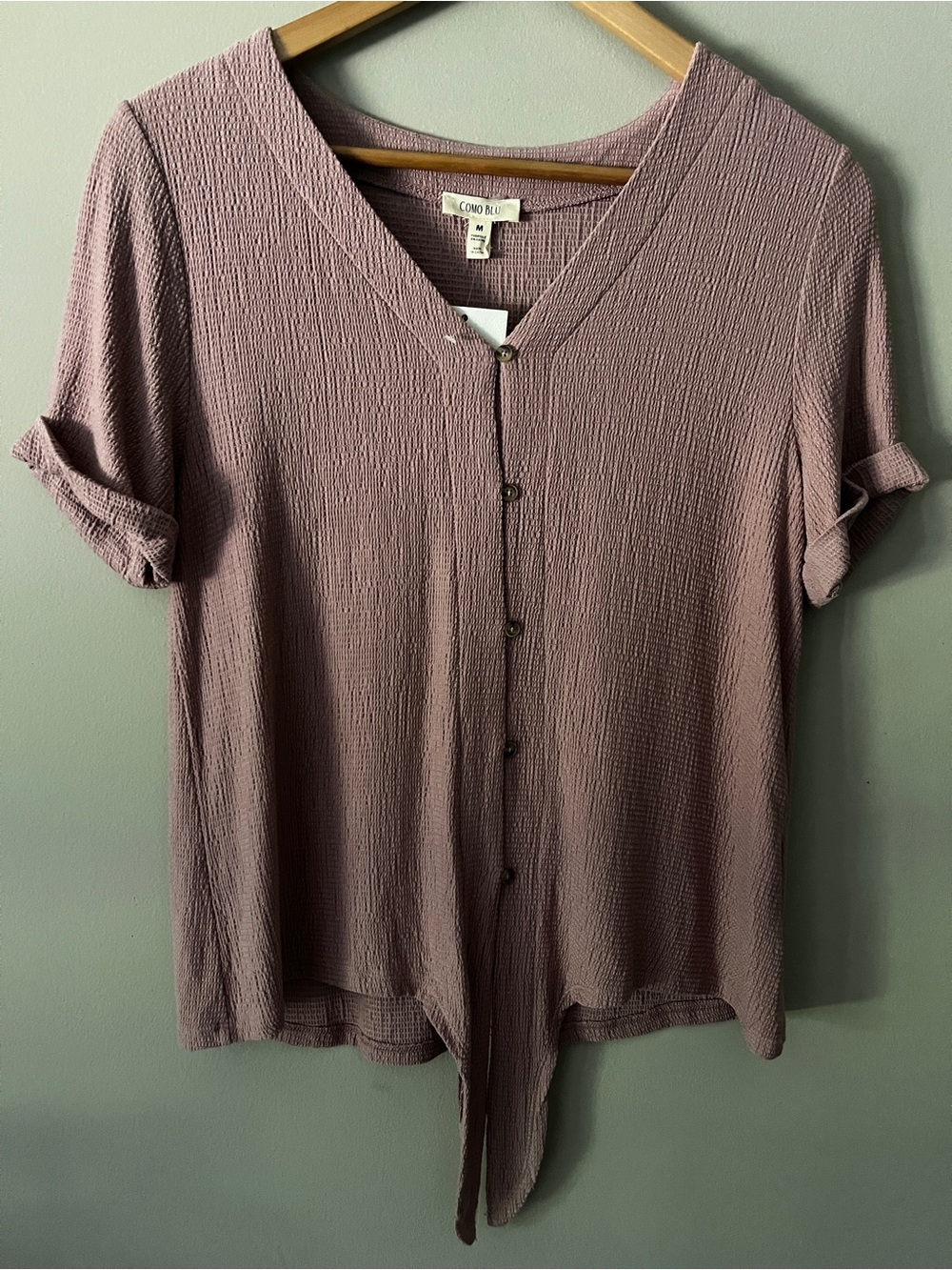 Crinkled Button-Front Tie-Hem Top - Dusty Mauve